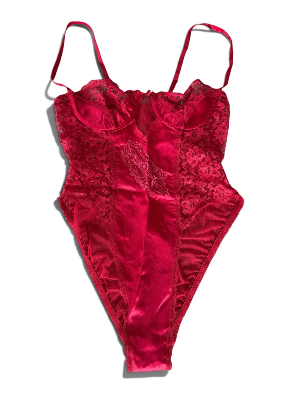 Vintage Red Sheer Lace Satin Teddy Bodysuit Fits Size Medium